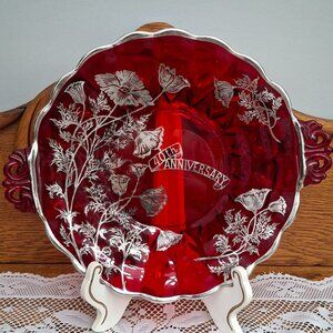 Vintage Ruby Red New Martinsville Glass Tray with Silver City Overlay
